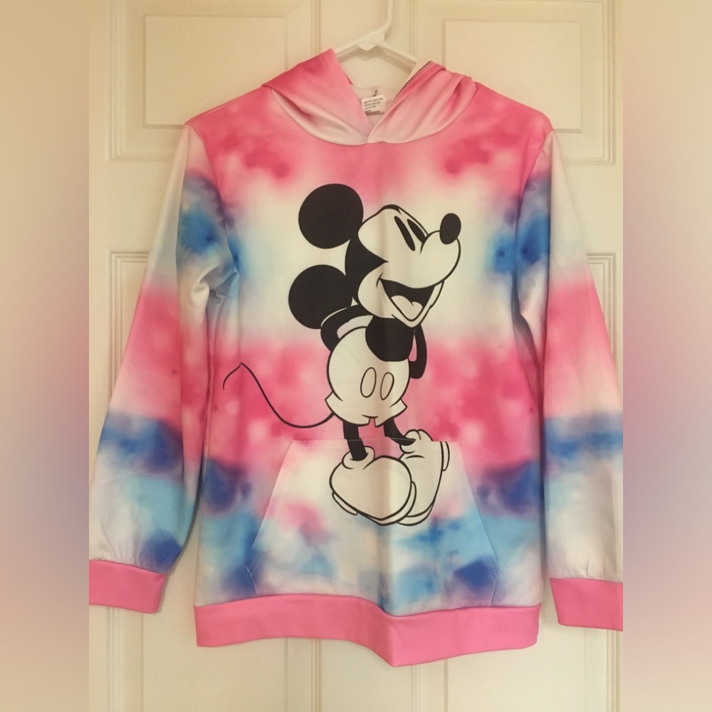 Kids Pink Tie-Dye Mickey Mouse Hoodie Multicolored Graphic Print Sweatshirt Sz M